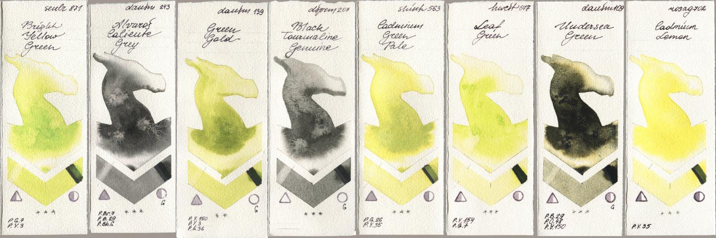 Sennelier l Aquarelle 871 Bright Yellow Green, Daniel Smith 243 Alvaros Caliente Grey, 139 Green Gold, 207 Black Tourmaline Genuine, Shinhan PWC 563 Cadmium Green Pale, Holbein Artists Watercolor 077 Leaf Green, 109 Undersea Green, Rosa Gallery 702 Cadmium Lem watercolor swatch