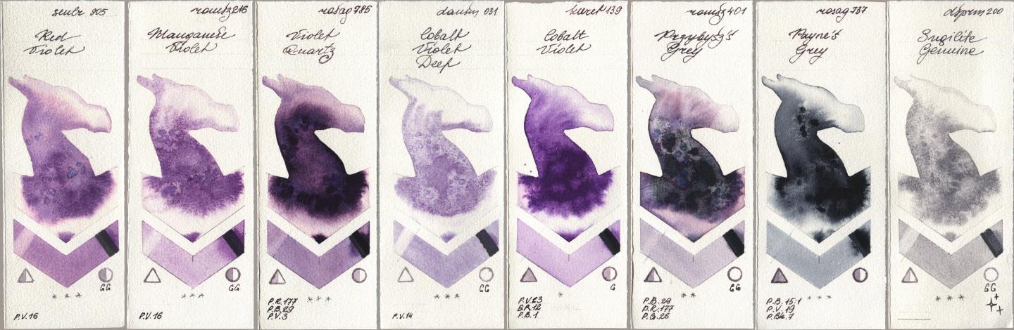 Sennelier l Aquarelle 905 Red Violet, Roman Szmal Aquarius 216 Manganese Violet, Rosa Gallery 785 Violet Quartz, Daniel Smith 031 Cobalt Violet Deep, Kuretake Gansai Tambi 139 Cobalt Violet, 401 Przybyszs Grey, 737 Paynes Grey, 200 Sugilite Genui watercolor swatch