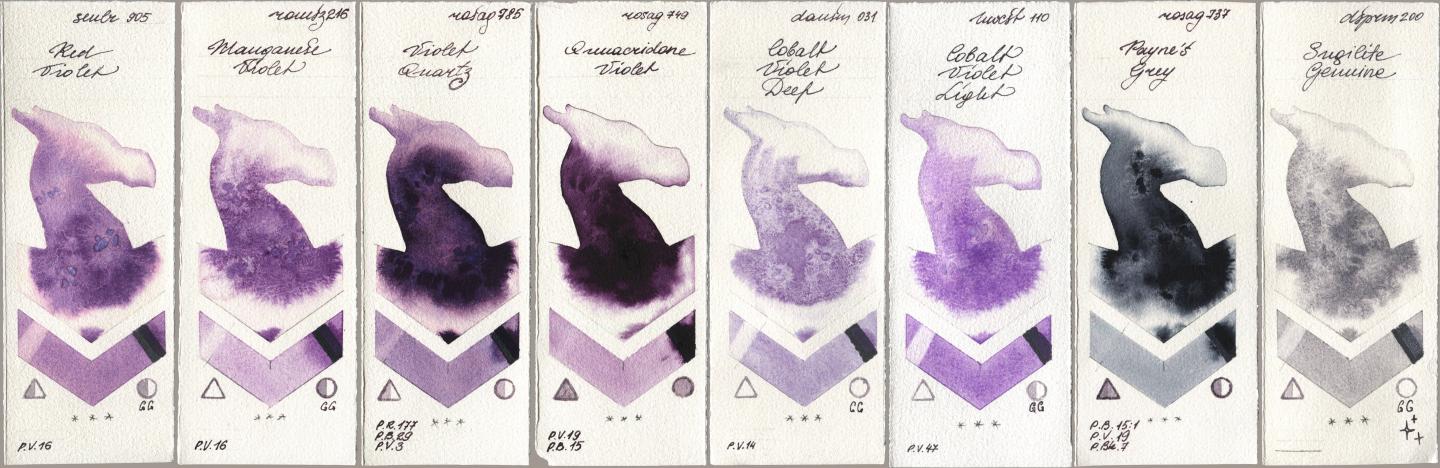 Sennelier l Aquarelle 905 Red Violet, Roman Szmal Aquarius 216 Manganese Violet, Rosa Gallery 785 Violet Quartz, 749 Quinacridone Violet, Daniel Smith 031 Cobalt Violet Deep, Holbein Artists Watercolor 110 Cobalt Violet Light, 737 Paynes Grey, 200 Sugilite Genui watercolor swatch