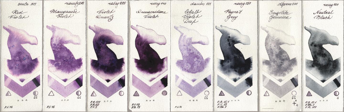 Sennelier l Aquarelle 905 Red Violet, Roman Szmal Aquarius 216 Manganese Violet, Rosa Gallery 785 Violet Quartz, 749 Quinacridone Violet, Daniel Smith 031 Cobalt Violet Deep, 737 Paynes Grey, 200 Sugilite Genuine, 724 Neutral Bla watercolor swatch
