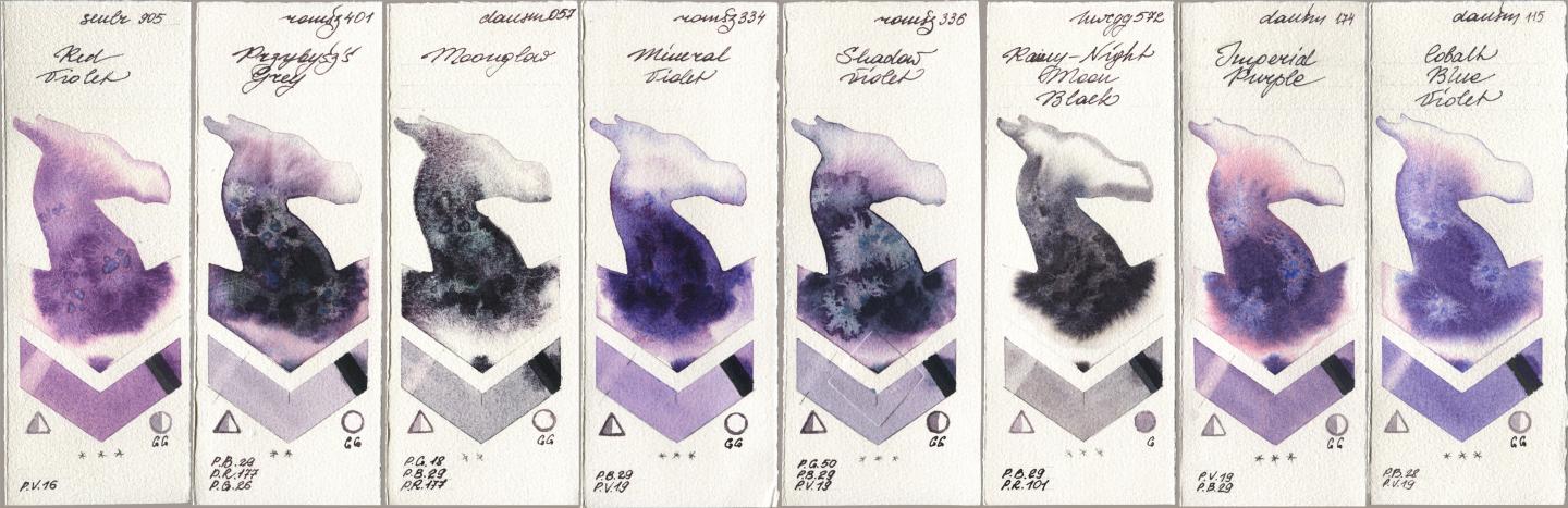 Sennelier l Aquarelle 905 Red Violet, Roman Szmal Aquarius 401 Przybyszs Grey, Daniel Smith 057 Moonglow, 334 Mineral Violet, 336 Shadow Violet, Holbein Artists Watercolor 572 Rainy-Night Moon Back, 174 Imperial Purple, 115 Cobalt Blue Viol watercolor swatch