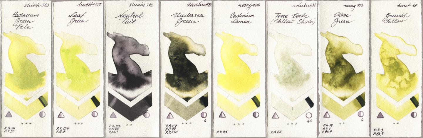 Shinhan PWC 563 Cadmium Green Pale, Holbein Artists Watercolor 077 Leaf Green, Shminke Horadam Aquarell 782 Neutral Tint, Daniel Smith 109 Undersea Green, Rosa Gallery 702 Cadmium Lemon, Winsor & Newton Professional 638 Terre Verte (Yellow Shade), 713 Olive Green, Kuretake Gansai Tambi 048 Greenish Yell watercolor swatch