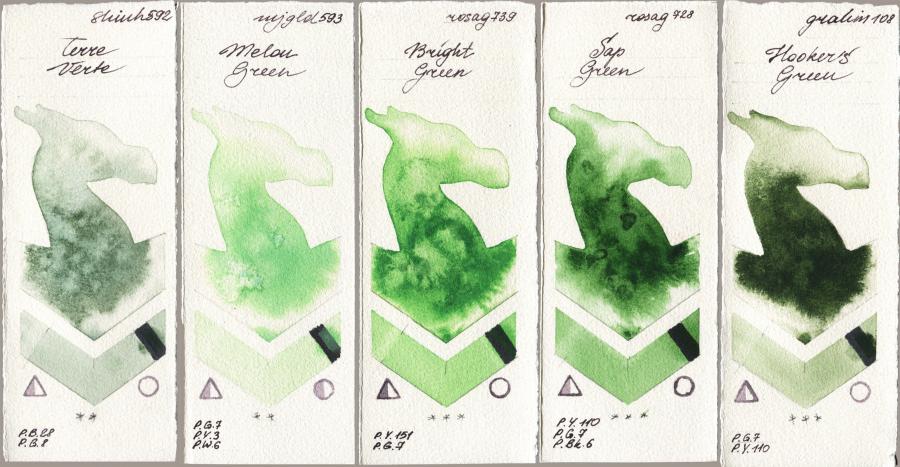 Shinhan PWC 592 Terre Verte vs Mijello Mission Gold 593 Melon Green vs Rosa Gallery 739 Bright Green vs 728 Sap Green vs M. Graham & Co. Artists 108 Hookers Green watercolor swatch