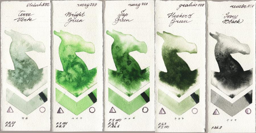 Shinhan PWC 592 Terre Verte vs Rosa Gallery 739 Bright Green vs 728 Sap Green vs M. Graham & Co. Artists 108 Hookers Green vs Royal Talens Rembrandt Watercolour 701 Ivory Black watercolor swatch