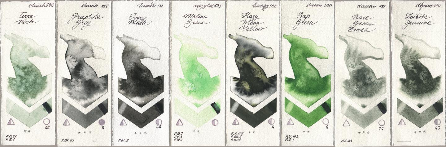 Shinhan PWC 592 Terre Verte, Shminke Horadam Aquarell 788 Graphite Grey, Holbein Artists Watercolor 138 Ivory Black, Mijello Mission Gold 593 Melon Green, 562 Hazy Moon Yellow, 530 Sap Green, Daniel Smith 181 Rare Green Earth, 180 Zoisite Genui watercolor swatch