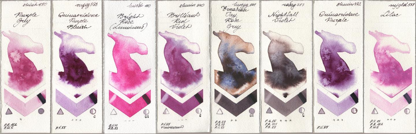 Shinhan PWC 650 Purple Grey, Royal Talens Van Gogh Watercolour 593 Quinacridone Purple Bluish, Holbein Artists Watercolor 170 Bright Rose (Luminous), Shminke Horadam Aquarell 940 Brilliant Red Violet, 561 Eurasian Jay Rose Grey, Rosa Gallery 787 Nightfall Violet, 472 Quinacridone Purple, Mijello Mission Gold 558 Lil watercolor swatch