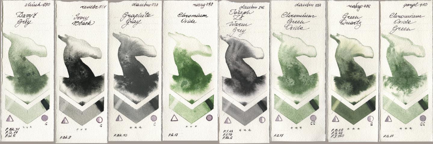Shinhan PWC 690 Davys Grey, Royal Talens Rembrandt Watercolour 701 Ivory Black, Daniel Smith 038 Graphite Gray, Rosa Gallery 743 Chromium Oxide, 246 Joseph Zs Warm Grey, 024 Chromium Green Oxide, 786 Green Quartz, Golden QOR 410 Chromium Oxide Gre watercolor swatch