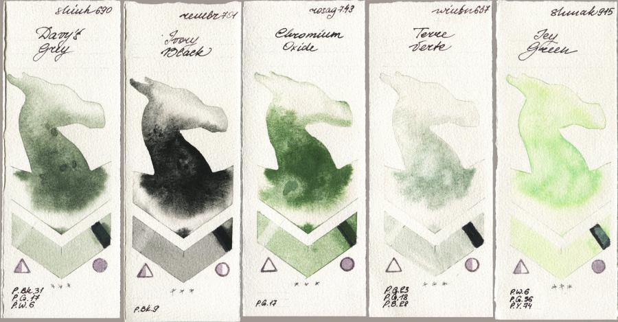 Shinhan PWC 690 Davys Grey vs Royal Talens Rembrandt Watercolour 701 Ivory Black vs Rosa Gallery 743 Chromium Oxide vs Winsor & Newton Professional 637 Terre Verte vs Shminke Akademie Aquarell 915 Icy Green watercolor swatch