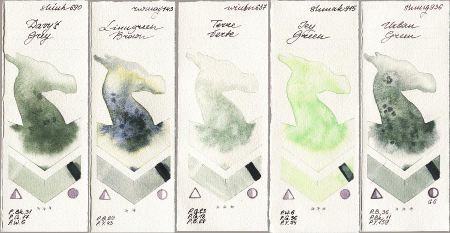 Shinhan PWC 690 Davys Grey vs Rockwell 143 Limugreen Brown vs Winsor & Newton Professional 637 Terre Verte vs Shminke Akademie Aquarell 915 Icy Green vs Shminke Horadam Aquarell 936 Urban Green watercolor swatch