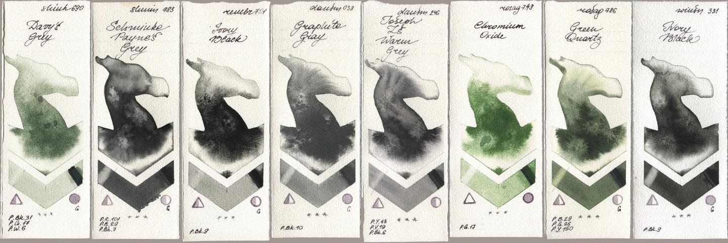 Shinhan PWC 690 Davys Grey, Shminke Horadam Aquarell 783 Schmincke Paynes Grey, Royal Talens Rembrandt Watercolour 701 Ivory Black, Daniel Smith 038 Graphite Gray, 246 Joseph Zs Warm Grey, Rosa Gallery 743 Chromium Oxide, 786 Green Quartz, Winsor & Newton Professional 331 Ivory Bla watercolor swatch