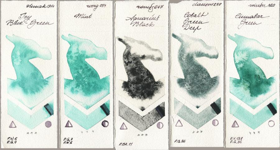 Shminke Akademie Aquarell 914 Icy Blue-Green vs Rosa Gallery 754 Mint vs Roman Szmal Aquarius 247 Aquarius Black vs Daniel Smith 258 Cobalt Green Deep vs Winsor & Newton Professional 420 Cinnabar Green watercolor swatch