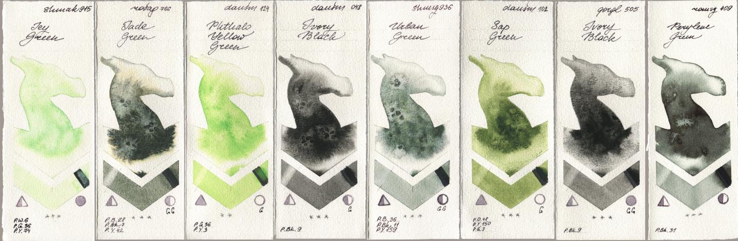 Shminke Akademie Aquarell 915 Icy Green, Rosa Gallery 766 Jade Green, Daniel Smith 124 Phthalo Yellow Green, 048 Ivory Black, Shminke Horadam Aquarell 936 Urban Green, 102 Sap Green, Golden QOR 505 Ivory Black, Roman Szmal Aquarius 409 Perylene Gre watercolor swatch