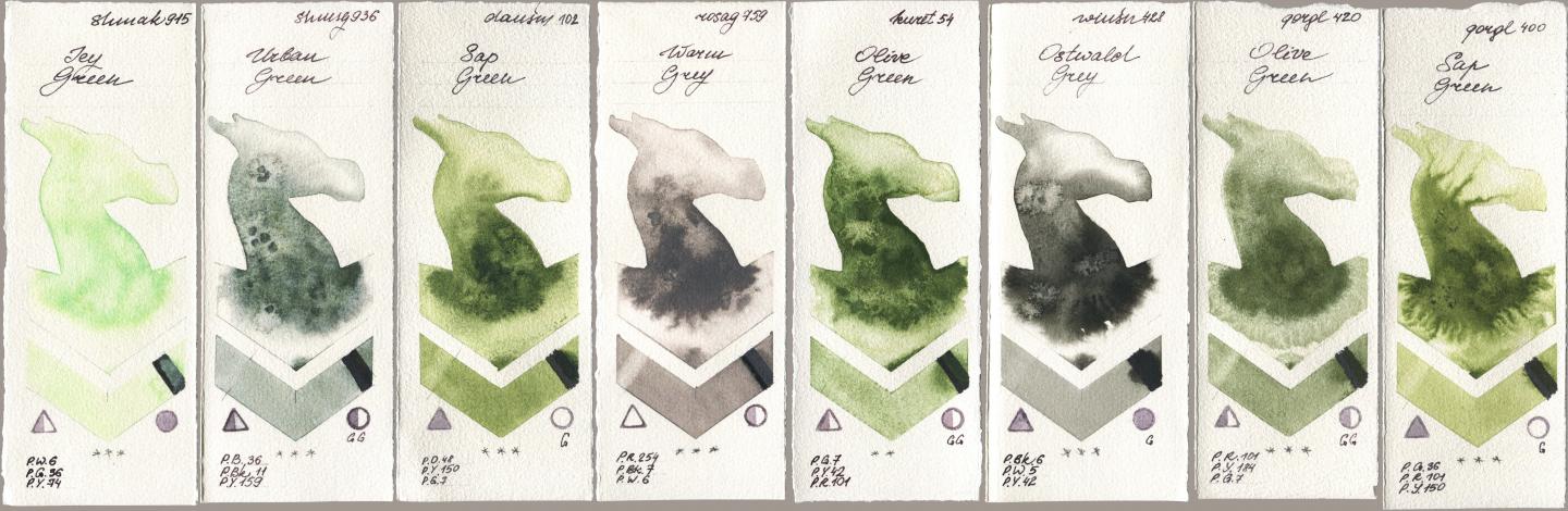 Shminke Akademie Aquarell 915 Icy Green, Shminke Horadam Aquarell 936 Urban Green, Daniel Smith 102 Sap Green, Rosa Gallery 759 Warm Grey, Kuretake Gansai Tambi 054 Olive Green, Winsor & Newton Professional 428 Ostwald Grey, Golden QOR 420 Olive Green, 400 Sap Gre watercolor swatch