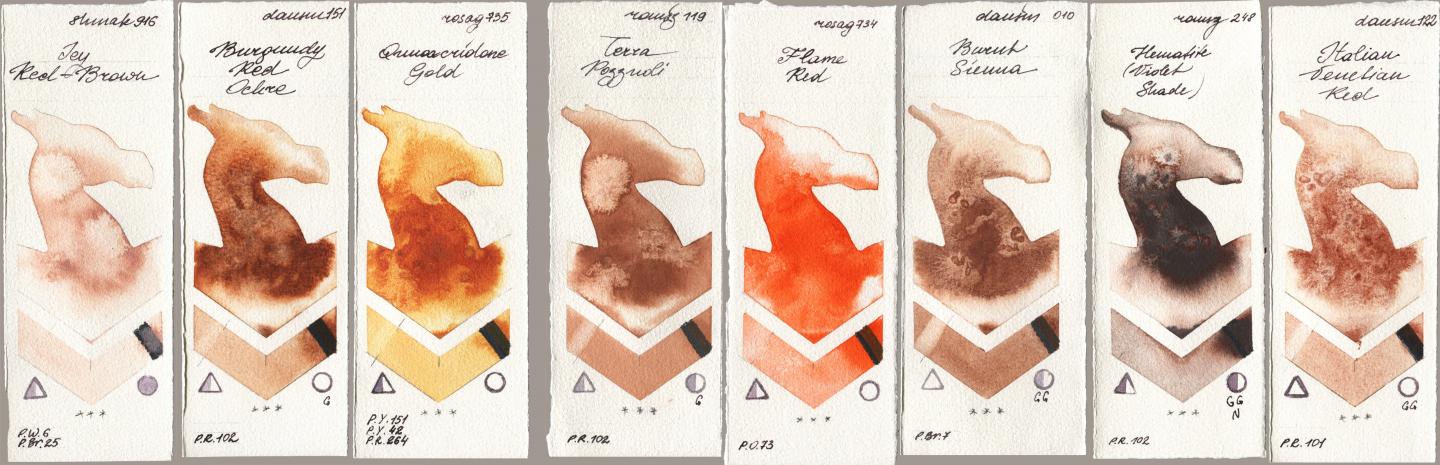 Shminke Akademie Aquarell 916 Icy Red-Brown, Daniel Smith 151 Burgundy Red Ochre, Rosa Gallery 735 Quinacridone Gold, Roman Szmal Aquarius 119 Terra Pozzuoli, 734 Flame Red, 010 Burnt Sienna, 248 Hematite (Violet Shade), 122 Italian Venetian R watercolor swatch