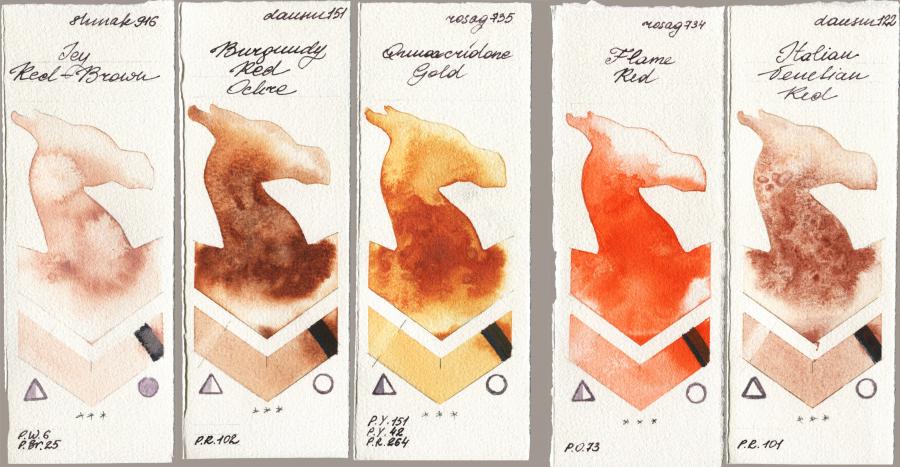 Shminke Akademie Aquarell 916 Icy Red-Brown vs Daniel Smith 151 Burgundy Red Ochre vs Rosa Gallery 735 Quinacridone Gold vs 734 Flame Red vs 122 Italian Venetian Red watercolor swatch