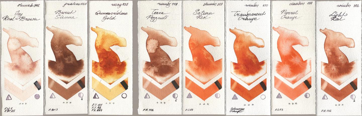 Shminke Akademie Aquarell 916 Icy Red-Brown, M. Graham & Co. Artists 020 Burnt Sienna, Rosa Gallery 735 Quinacridone Gold, Roman Szmal Aquarius 119 Terra Pozzuoli, Shminke Horadam Aquarell 359 Saturn Red, Winsor & Newton Professional 650 Transparent Orange, Daniel Smith 126 Pyrrol Orange, 362 Light R watercolor swatch