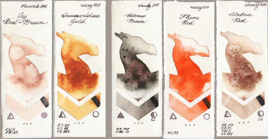 Shminke Akademie Aquarell 916 Icy Red-Brown vs Rosa Gallery 735 Quinacridone Gold vs Shminke Horadam Aquarell 915 Volcano Brown vs 734 Flame Red vs 926 Urban Red watercolor swatch
