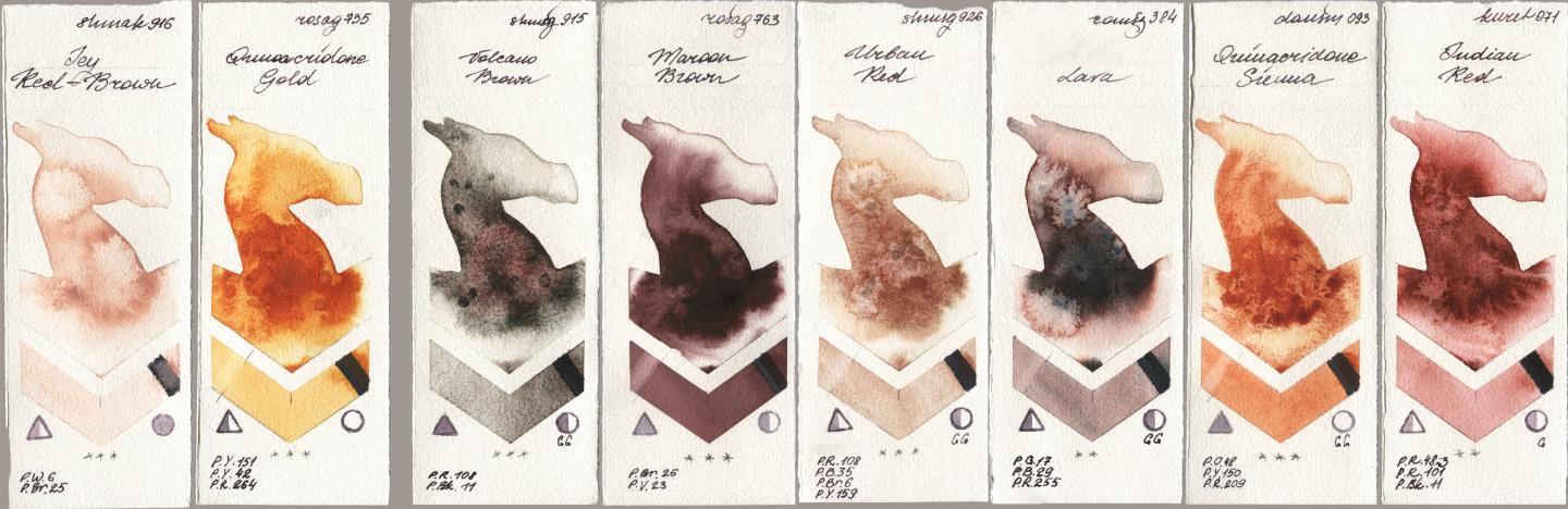 Shminke Akademie Aquarell 916 Icy Red-Brown, Rosa Gallery 735 Quinacridone Gold, Shminke Horadam Aquarell 915 Volcano Brown, 763 Maroon Brown, 926 Urban Red, Roman Szmal Aquarius 384 Lava, Daniel Smith 093 Quinacridone Sienna, Kuretake Gansai Tambi 071 Indian R watercolor swatch
