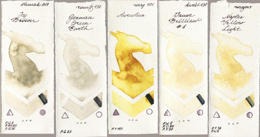 Shminke Akademie Aquarell 917 Icy Brown vs Roman Szmal Aquarius 138 German Green Earth vs Rosa Gallery 751 Aureoline vs Holbein Artists Watercolor 031 Jaune Brilliant No 1 vs 745 Naples Yellow Light watercolor swatch
