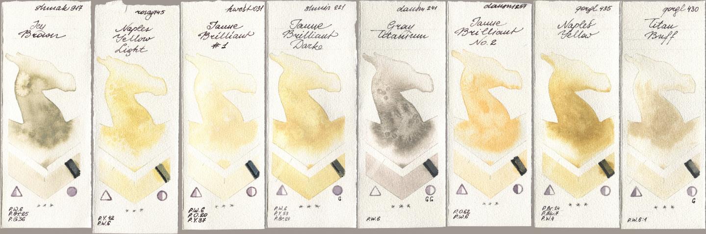 Shminke Akademie Aquarell 917 Icy Brown, Rosa Gallery 745 Naples Yellow Light, Holbein Artists Watercolor 031 Jaune Brilliant No 1, Shminke Horadam Aquarell 221 Brilliant Yellow Dark (Jaune Brilliant Dark), Daniel Smith 241 Gray Titanium, 257 Jaune Brilliant No 2, Golden QOR 435 Naples Yellow, 430 Titan Bu watercolor swatch