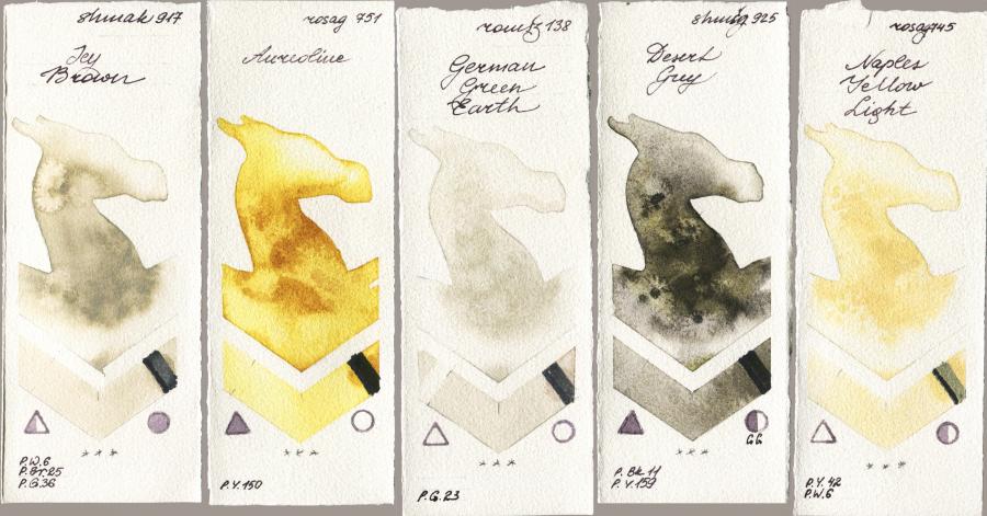 Shminke Akademie Aquarell 917 Icy Brown vs Rosa Gallery 751 Aureoline vs Roman Szmal Aquarius 138 German Green Earth vs Shminke Horadam Aquarell 925 Desert Grey vs 745 Naples Yellow Light watercolor swatch