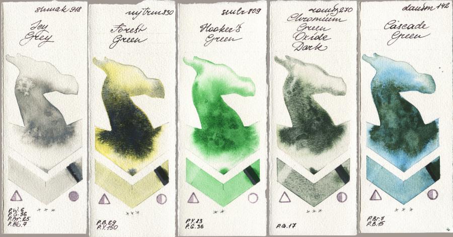Shminke Akademie Aquarell 918 Icy Grey vs Mijello Mission Gold 830 Forest Green vs Sennelier l Aquarelle 809 Hookers Green vs Roman Szmal Aquarius 270 Chromium Green Oxide Dark vs Daniel Smith 142 Cascade Green watercolor swatch