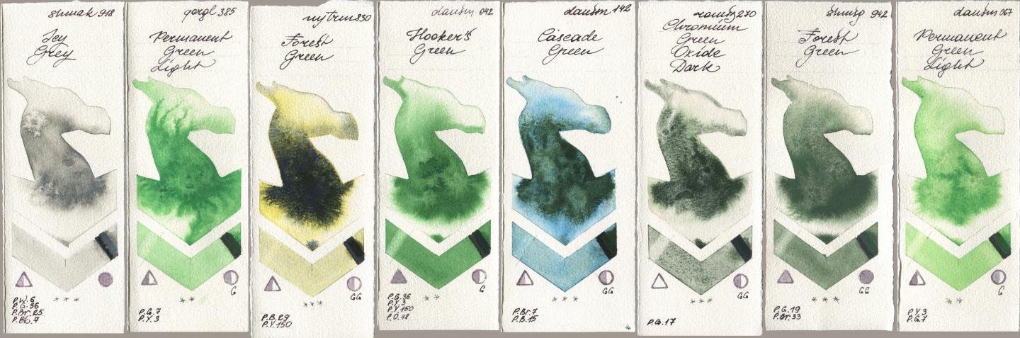 Shminke Akademie Aquarell 918 Icy Grey, Golden QOR 385 Permanent Green Light, Mijello Mission Gold 830 Forest Green, Daniel Smith 042 Hookers Green, 142 Cascade Green, Roman Szmal Aquarius 270 Chromium Green Oxide Dark, Shminke Horadam Aquarell 942 Forest Green, 067 Permanent Green Lig watercolor swatch