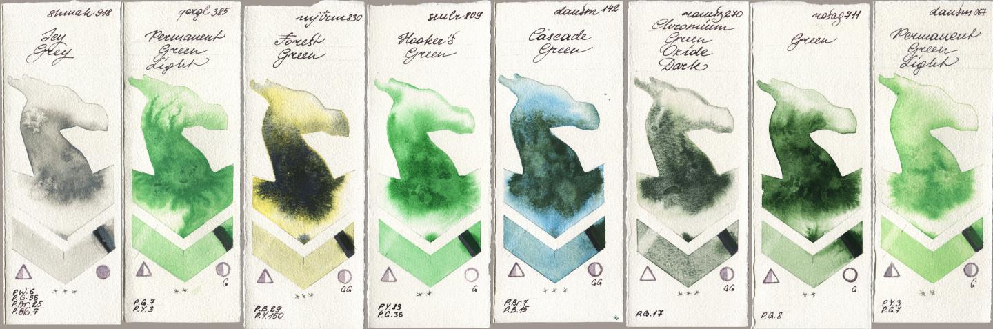 Shminke Akademie Aquarell 918 Icy Grey, Golden QOR 385 Permanent Green Light, Mijello Mission Gold 830 Forest Green, Sennelier l Aquarelle 809 Hookers Green, Daniel Smith 142 Cascade Green, Roman Szmal Aquarius 270 Chromium Green Oxide Dark, Rosa Gallery 711 Green, 067 Permanent Green Lig watercolor swatch