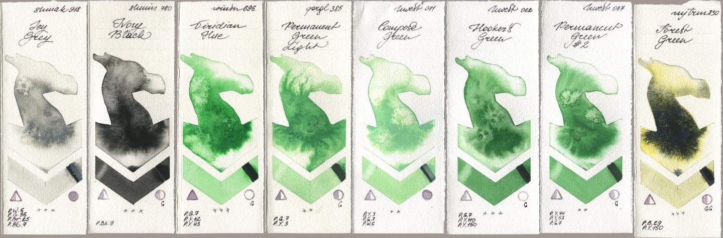 Shminke Akademie Aquarell 918 Icy Grey, Shminke Horadam Aquarell 780 Ivory Black, Winsor & Newton Professional 696 Viridian Hue, Golden QOR 385 Permanent Green Light, Holbein Artists Watercolor 071 Compose Green, 062 Hookers Green, 067 Permanent Green No 2, Mijello Mission Gold 830 Forest Gre watercolor swatch
