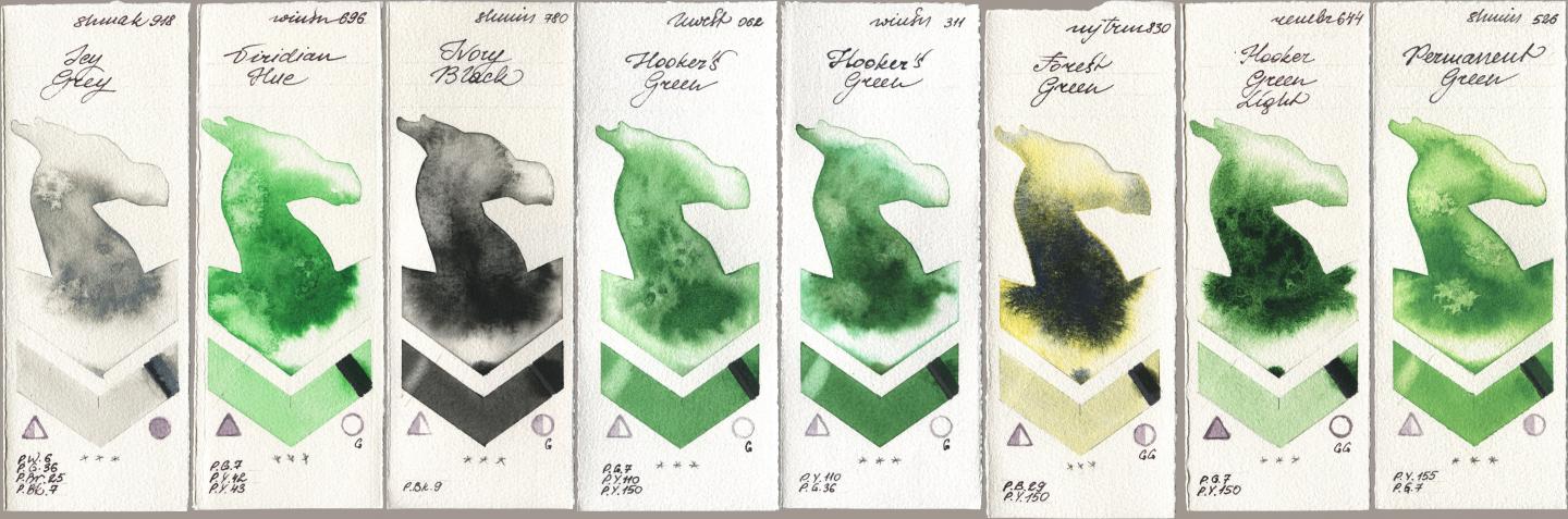 Shminke Akademie Aquarell 918 Icy Grey, Winsor & Newton Professional 696 Viridian Hue, Shminke Horadam Aquarell 780 Ivory Black, Holbein Artists Watercolor 062 Hookers Green, 311 Hookers Green, Mijello Mission Gold 830 Forest Green, Royal Talens Rembrandt Watercolour 644 Hooker Green Light, 526 Permanent Gre watercolor swatch