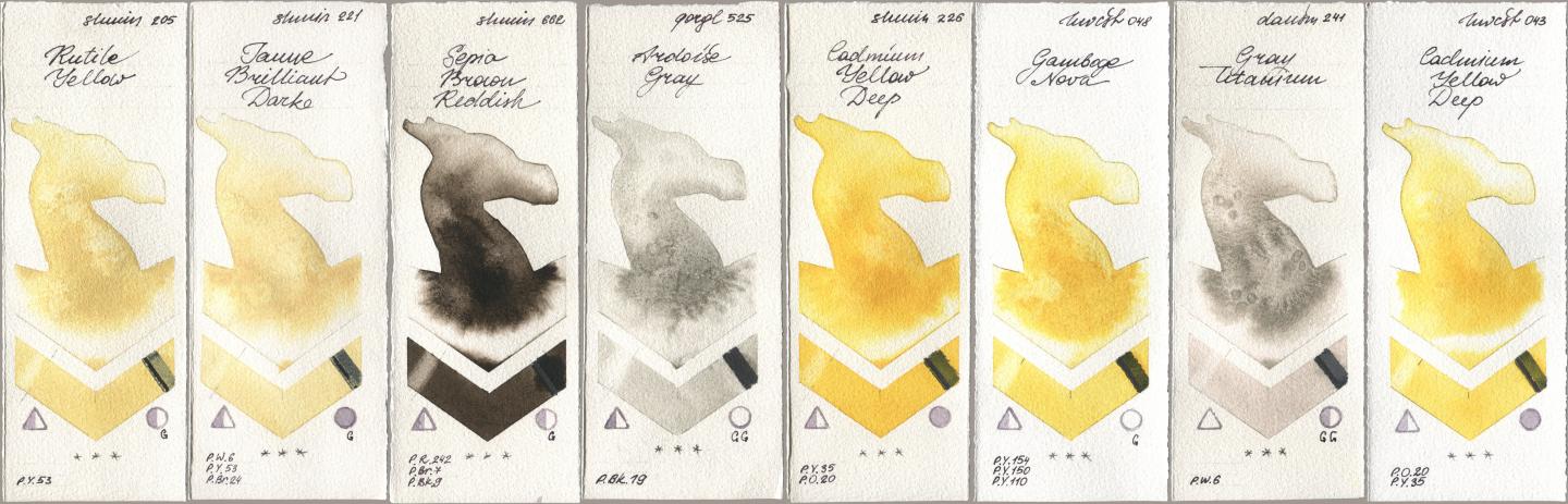 Shminke Horadam Aquarell 205 Rutile Yellow, 221 Brilliant Yellow Dark (Jaune Brilliant Dark), 662 Sepia Brown Reddish, Golden QOR 525 Ardoise Gray, 226 Cadmium Yellow Deep, Holbein Artists Watercolor 048 Gamboge Nova, Daniel Smith 241 Gray Titanium, 043 Cadmium Yellow De watercolor swatch