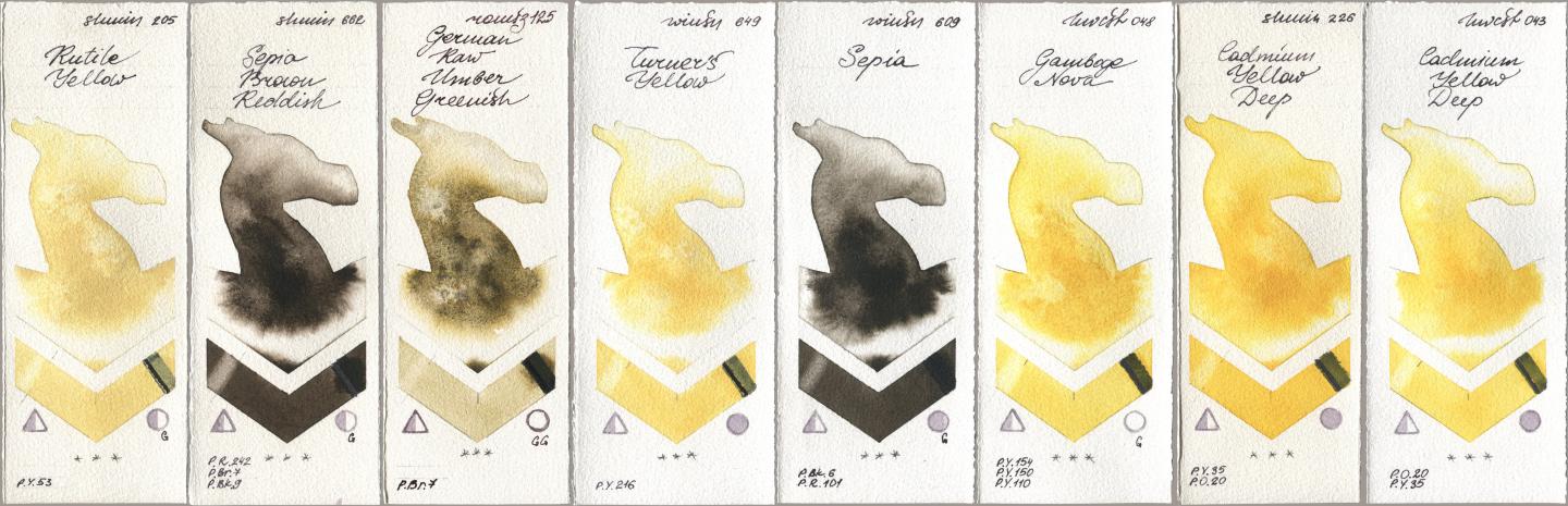 Shminke Horadam Aquarell 205 Rutile Yellow, 662 Sepia Brown Reddish, Roman Szmal Aquarius 125 German Raw Umber Greenish, Winsor & Newton Professional 649 Turners Yellow, 609 Sepia, Holbein Artists Watercolor 048 Gamboge Nova, 226 Cadmium Yellow Deep, 043 Cadmium Yellow De watercolor swatch