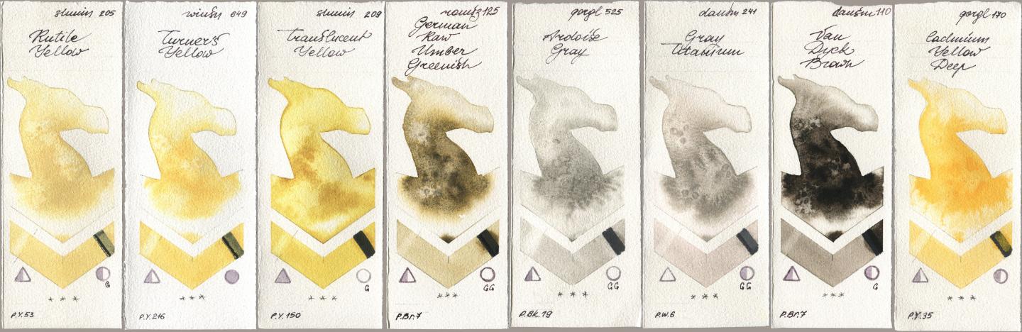 Shminke Horadam Aquarell 205 Rutile Yellow, Winsor & Newton Professional 649 Turners Yellow, 209 Translucent Yellow, Roman Szmal Aquarius 125 German Raw Umber Greenish, Golden QOR 525 Ardoise Gray, Daniel Smith 241 Gray Titanium, 110 Van Dyck Brown, 170 Cadmium Yellow De watercolor swatch