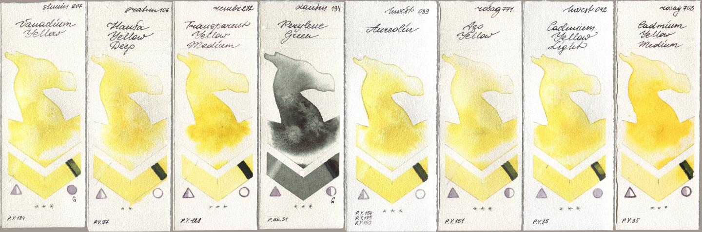 Shminke Horadam Aquarell 207 Vanadium Yellow, M. Graham & Co. Artists 106 Hansa Yellow Deep, Royal Talens Rembrandt Watercolour 272 Transparent Yellow Medium, Daniel Smith 194 Perylene Green, Holbein Artists Watercolor 039 Aureolin, Rosa Gallery 771 Azo Yellow, 042 Cadmium Yellow Light, 703 Cadmium Yellow Medi watercolor swatch
