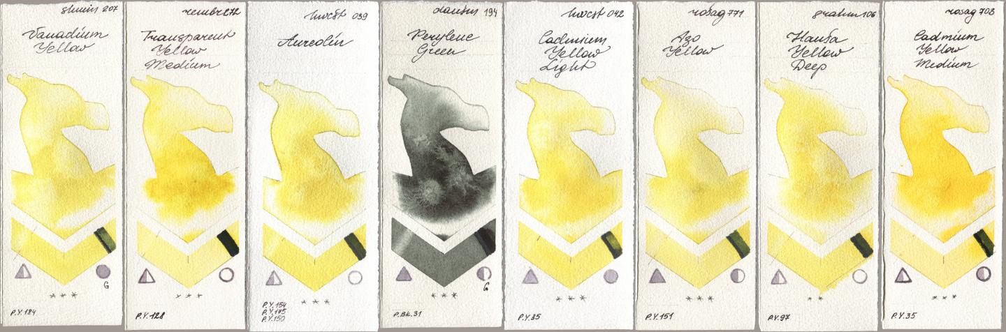 Shminke Horadam Aquarell 207 Vanadium Yellow, Royal Talens Rembrandt Watercolour 272 Transparent Yellow Medium, Holbein Artists Watercolor 039 Aureolin, Daniel Smith 194 Perylene Green, 042 Cadmium Yellow Light, Rosa Gallery 771 Azo Yellow, M. Graham & Co. Artists 106 Hansa Yellow Deep, 703 Cadmium Yellow Medi watercolor swatch