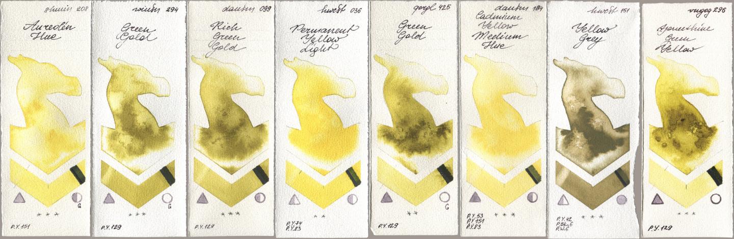 Shminke Horadam Aquarell 208 Aureolin Hue, Winsor & Newton Professional 294 Green Gold, Daniel Smith 099 Rich Green Gold, Holbein Artists Watercolor 036 Permanent Yellow Light, Golden QOR 425 Green Gold, 184 Cadmium Yellow Medium Hue, 151 Yellow Grey, Royal Talens Van Gogh Watercolour 296 Azomethine Green Yell watercolor swatch
