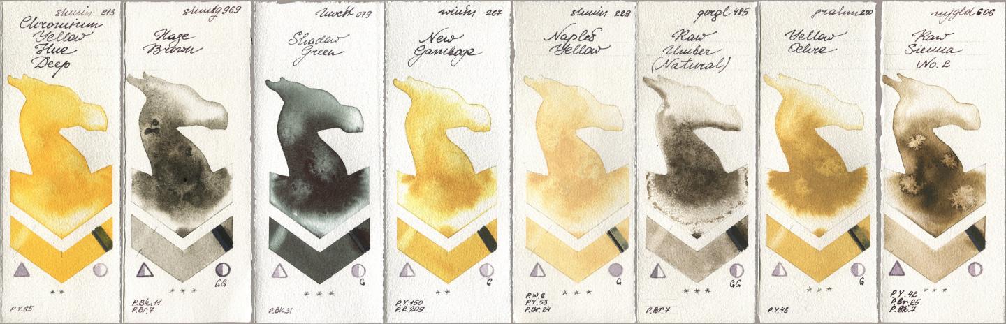 Shminke Horadam Aquarell 213 Chrome Yellow Deep LF (Chromium Yellow Hue Deep), 969 Haze Brown, Holbein Artists Watercolor 079 Shadow Green, Winsor & Newton Professional 267 New Gamboge, 229 Naples Yellow, Golden QOR 485 Raw Umber (Natural), M. Graham & Co. Artists 200 Yellow Ochre, Mijello Mission Gold 606 Raw Sienna No watercolor swatch