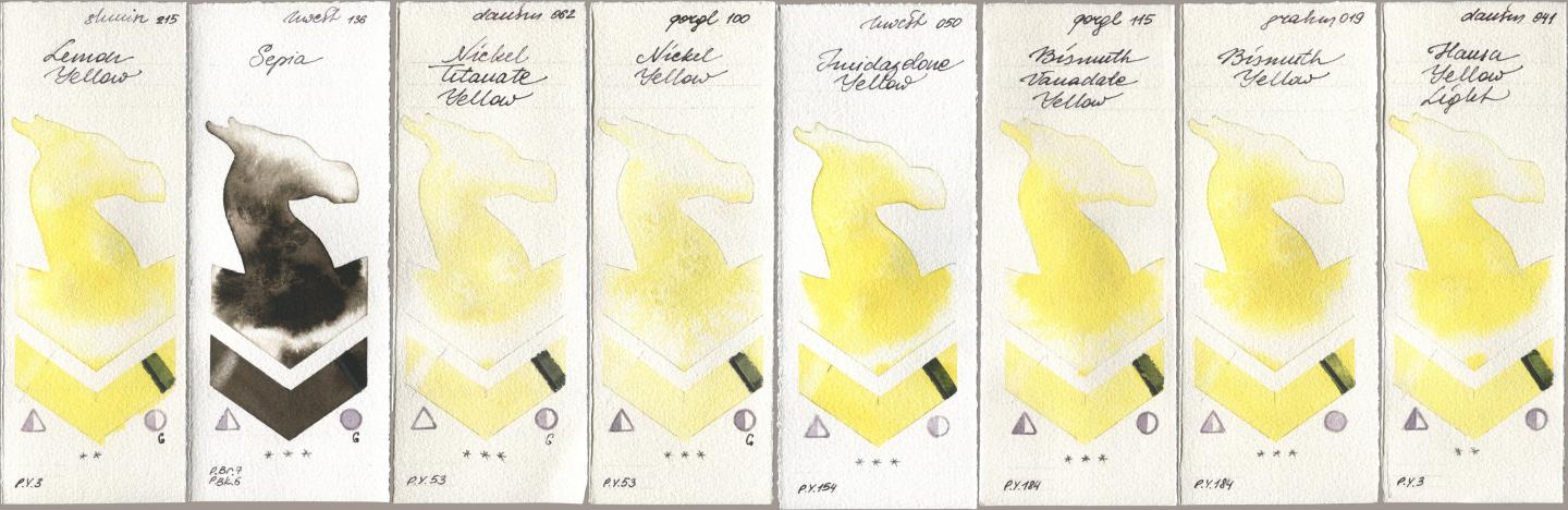 Shminke Horadam Aquarell 215 Lemon Yellow, Holbein Artists Watercolor 136 Sepia, Daniel Smith 062 Nickel Titanate Yellow, Golden QOR 100 Nickel Yellow, 050 Imidazolone Yellow, 115 Bismuth Vanadate Yellow, M. Graham & Co. Artists 019 Bismuth Yellow, 041 Hansa Yellow Lig watercolor swatch