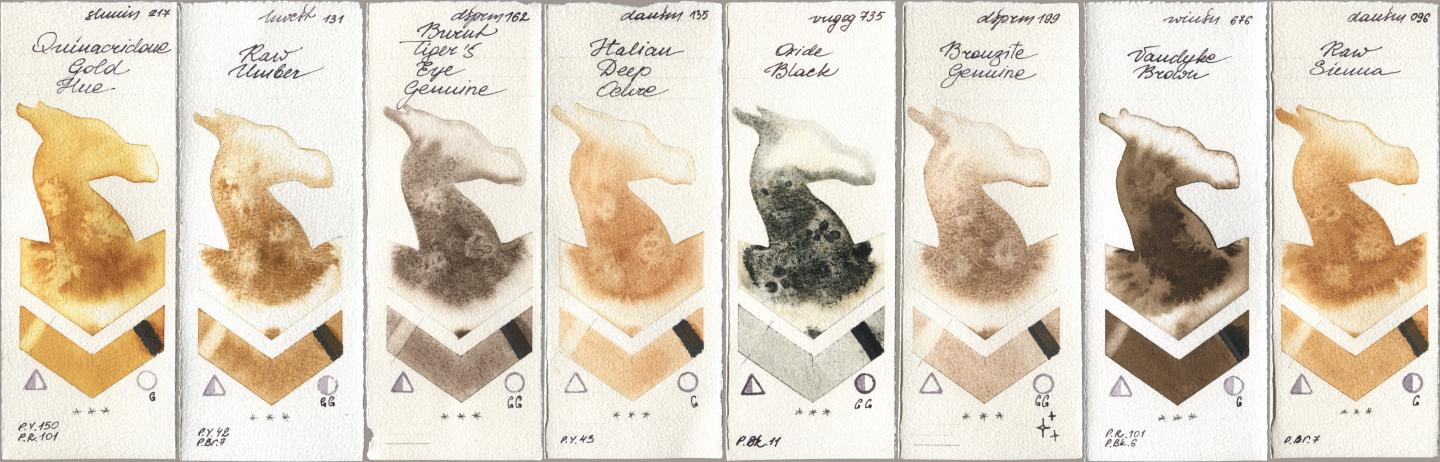Shminke Horadam Aquarell 217 Quinacridone Gold Hue, Holbein Artists Watercolor 131 Raw Umber, Daniel Smith 162 Burnt Tigers Eye Genuine, 135 Italian Deep Ochre, Royal Talens Van Gogh Watercolour 735 Oxide Black, 199 Bronzite Genuine, Winsor & Newton Professional 676 Vandyke Brown, 096 Raw Sien watercolor swatch