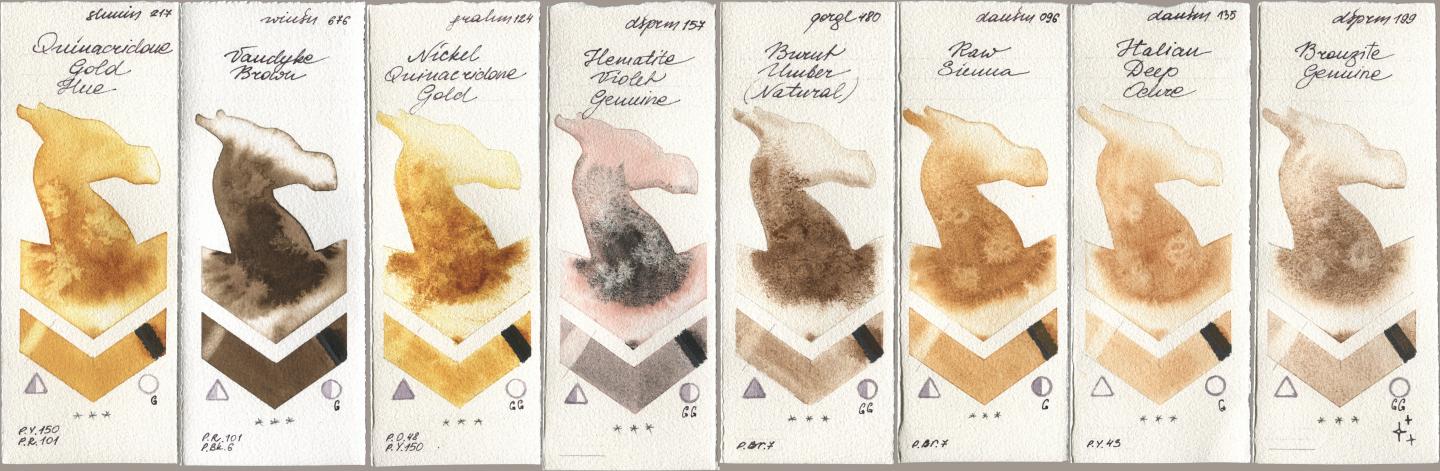 Shminke Horadam Aquarell 217 Quinacridone Gold Hue, Winsor & Newton Professional 676 Vandyke Brown, M. Graham & Co. Artists 124 Nickel Quinacridone Gold, Daniel Smith 157 Hematite Violet Genuine, Golden QOR 480 Burnt Umber (Natural), 096 Raw Sienna, 135 Italian Deep Ochre, 199 Bronzite Genui watercolor swatch