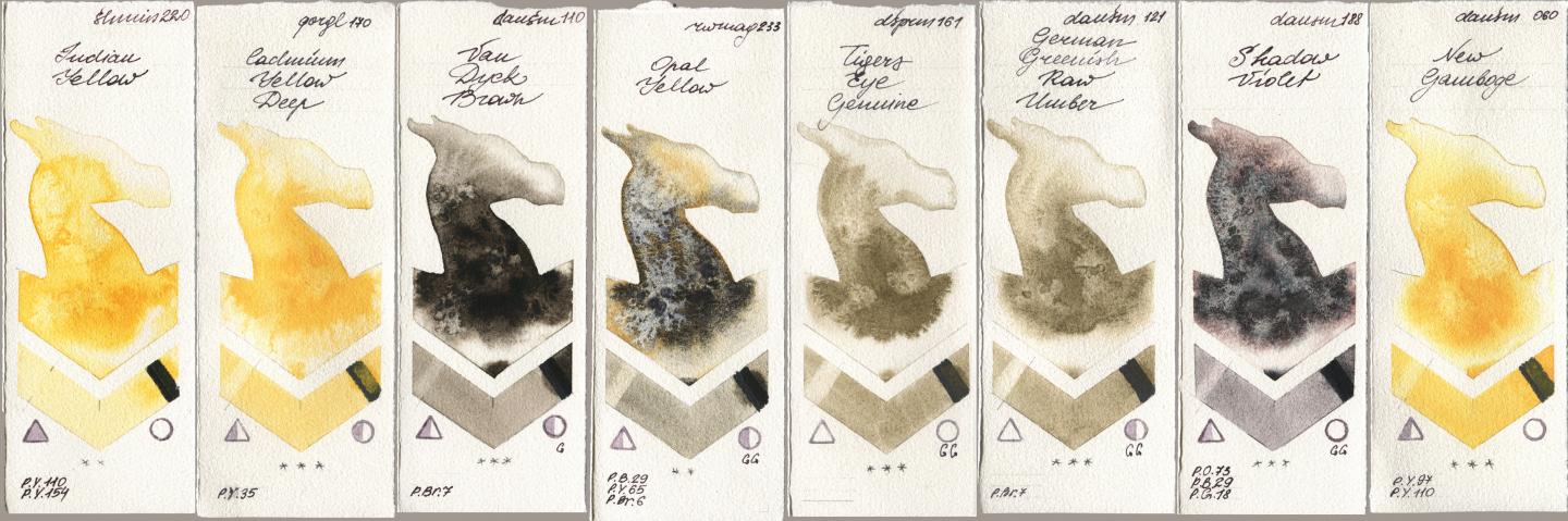 Shminke Horadam Aquarell 220 Indian Yellow, Golden QOR 170 Cadmium Yellow Deep, Daniel Smith 110 Van Dyck Brown, Rockwell 233 Opal Yellow, 161 Tigers Eye Genuine, 121 German Greenish Raw Umber, 188 Shadow Violet, 060 New Gambo watercolor swatch