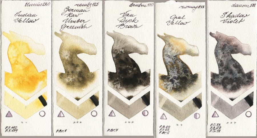 Shminke Horadam Aquarell 220 Indian Yellow vs Roman Szmal Aquarius 125 German Raw Umber Greenish vs Daniel Smith 110 Van Dyck Brown vs Rockwell 233 Opal Yellow vs 188 Shadow Violet watercolor swatch