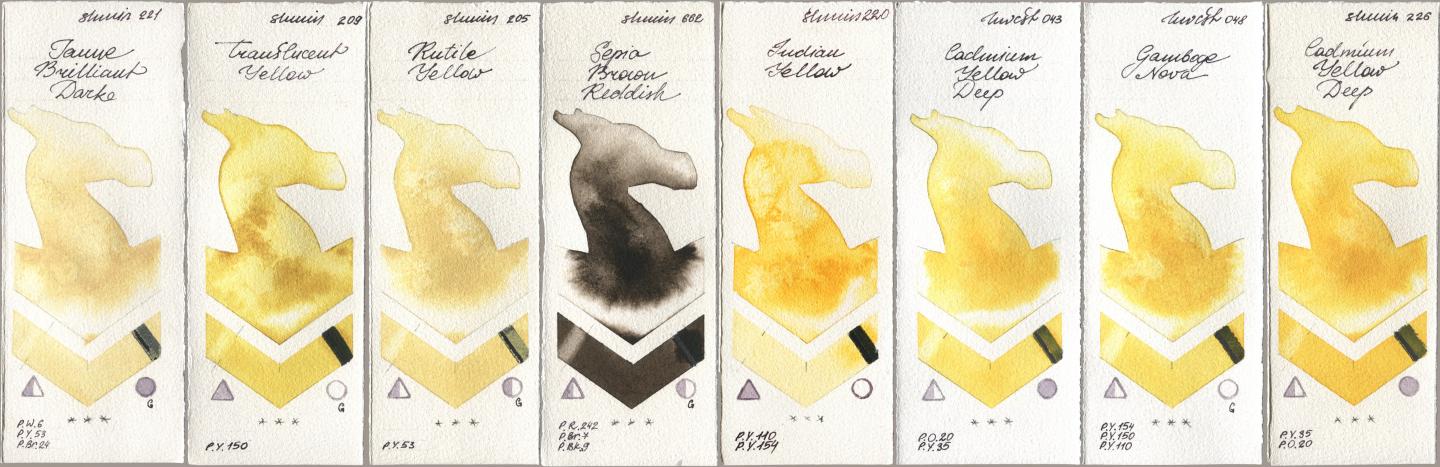 Shminke Horadam Aquarell 221 Brilliant Yellow Dark (Jaune Brilliant Dark), 209 Translucent Yellow, 205 Rutile Yellow, 662 Sepia Brown Reddish, 220 Indian Yellow, Holbein Artists Watercolor 043 Cadmium Yellow Deep, 048 Gamboge Nova, 226 Cadmium Yellow De watercolor swatch