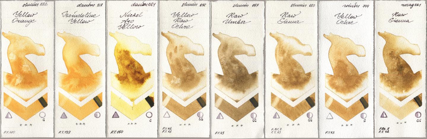 Shminke Horadam Aquarell 222 Yellow Orange, Daniel Smith 218 Isoindoline Yellow, 061 Nickel Azo Yellow, 656 Yellow Raw Ochre, 667 Raw Umber, 660 Raw Sienna, Winsor & Newton Professional 744 Yellow Ochre, Rosa Gallery 721 Raw Sien watercolor swatch