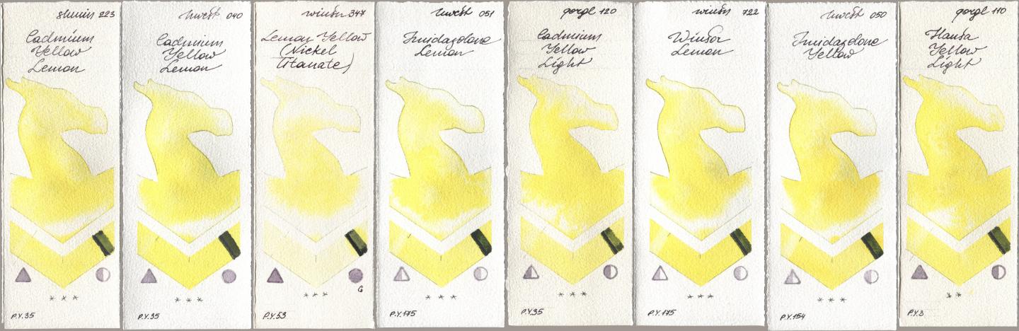 Shminke Horadam Aquarell 223 Cadmium Yellow Lemon, Holbein Artists Watercolor 040 Cadmium Yellow Lemon, Winsor & Newton Professional 347 Lemon Yellow (Nickel Titanate), 051 Imidazolone Lemon, Golden QOR 120 Cadmium Yellow Light, 722 Winsor Lemon, 050 Imidazolone Yellow, 110 Hansa Yellow Lig watercolor swatch