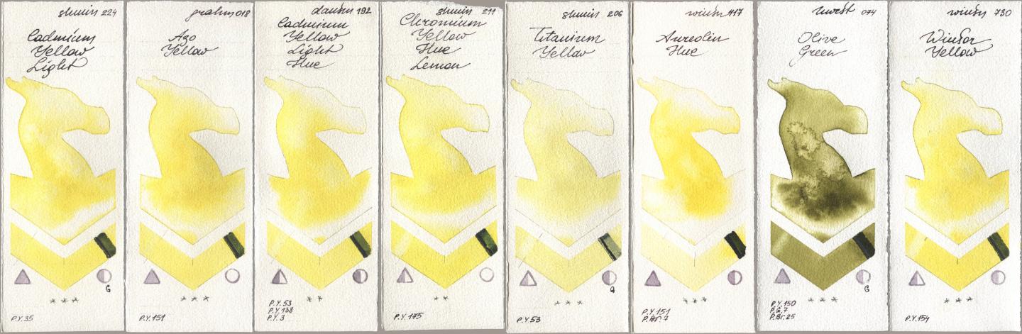 Shminke Horadam Aquarell 224 Cadmium Yellow Light, M. Graham & Co. Artists 018 Azo Yellow, Daniel Smith 192 Cadmium Yellow Light Hue, 211 Chromium Yellow Hue Lemon, 206 Titanium Yellow, Winsor & Newton Professional 417 Aureolin Hue, Holbein Artists Watercolor 074 Olive Green, 730 Winsor Yell watercolor swatch