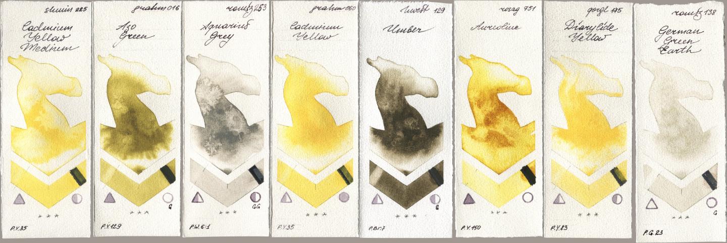 Shminke Horadam Aquarell 225 Cadmium Yellow Medium, M. Graham & Co. Artists 016 Azo Green, Roman Szmal Aquarius 253 Aquarius Grey, 060 Cadmium Yellow, Holbein Artists Watercolor 129 Umber, Rosa Gallery 751 Aureoline, Golden QOR 175 Diarylide Yellow, 138 German Green Ear watercolor swatch