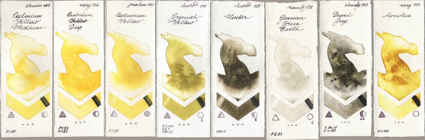 Shminke Horadam Aquarell 225 Cadmium Yellow Medium, Rosa Gallery 732 Cadmium Yellow Deep, M. Graham & Co. Artists 060 Cadmium Yellow, Holbein Artists Watercolor 046 Greenish Yellow, 129 Umber, Roman Szmal Aquarius 138 German Green Earth, 925 Desert Grey, 751 Aureoli watercolor swatch
