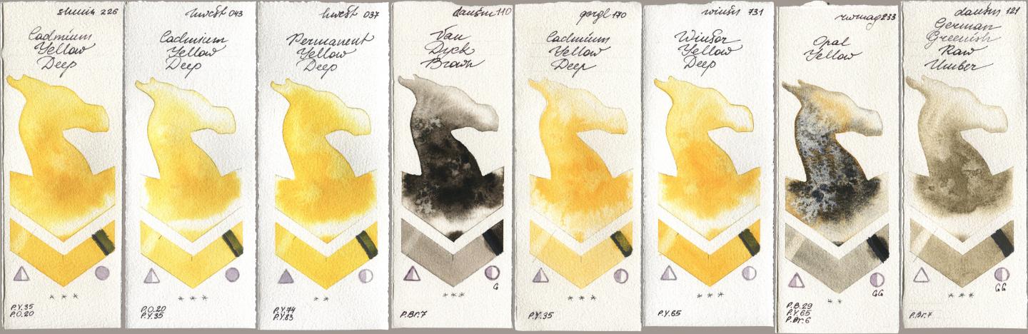 Shminke Horadam Aquarell 226 Cadmium Yellow Deep, Holbein Artists Watercolor 043 Cadmium Yellow Deep, 037 Permanent Yellow Deep, Daniel Smith 110 Van Dyck Brown, Golden QOR 170 Cadmium Yellow Deep, Winsor & Newton Professional 731 Winsor Yellow Deep, Rockwell 233 Opal Yellow, 121 German Greenish Raw Umb watercolor swatch