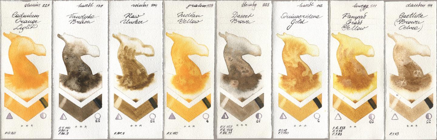 Shminke Horadam Aquarell 227 Cadmium Orange Light, Holbein Artists Watercolor 139 Vandyke Brown, Winsor & Newton Professional 554 Raw Umber, M. Graham & Co. Artists 109 Indian Yellow, 923 Desert Brown, 142 Quinacridone Gold, 511 Pampas Grass Yellow, Daniel Smith 144 Goethite (Brown Ochr watercolor swatch